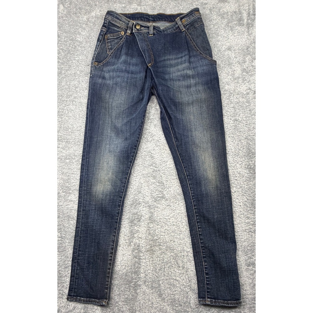 R13 Jeans Women 26 Blue X-Over Vintage Dark Wash Asymmetric Slim Denim Italy